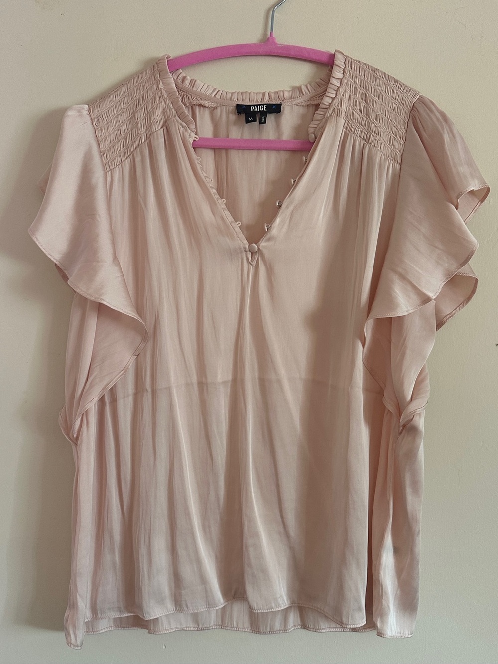 PAIGE Light Blush Pink Flutter-Sleeve Silk-Looking Blouse